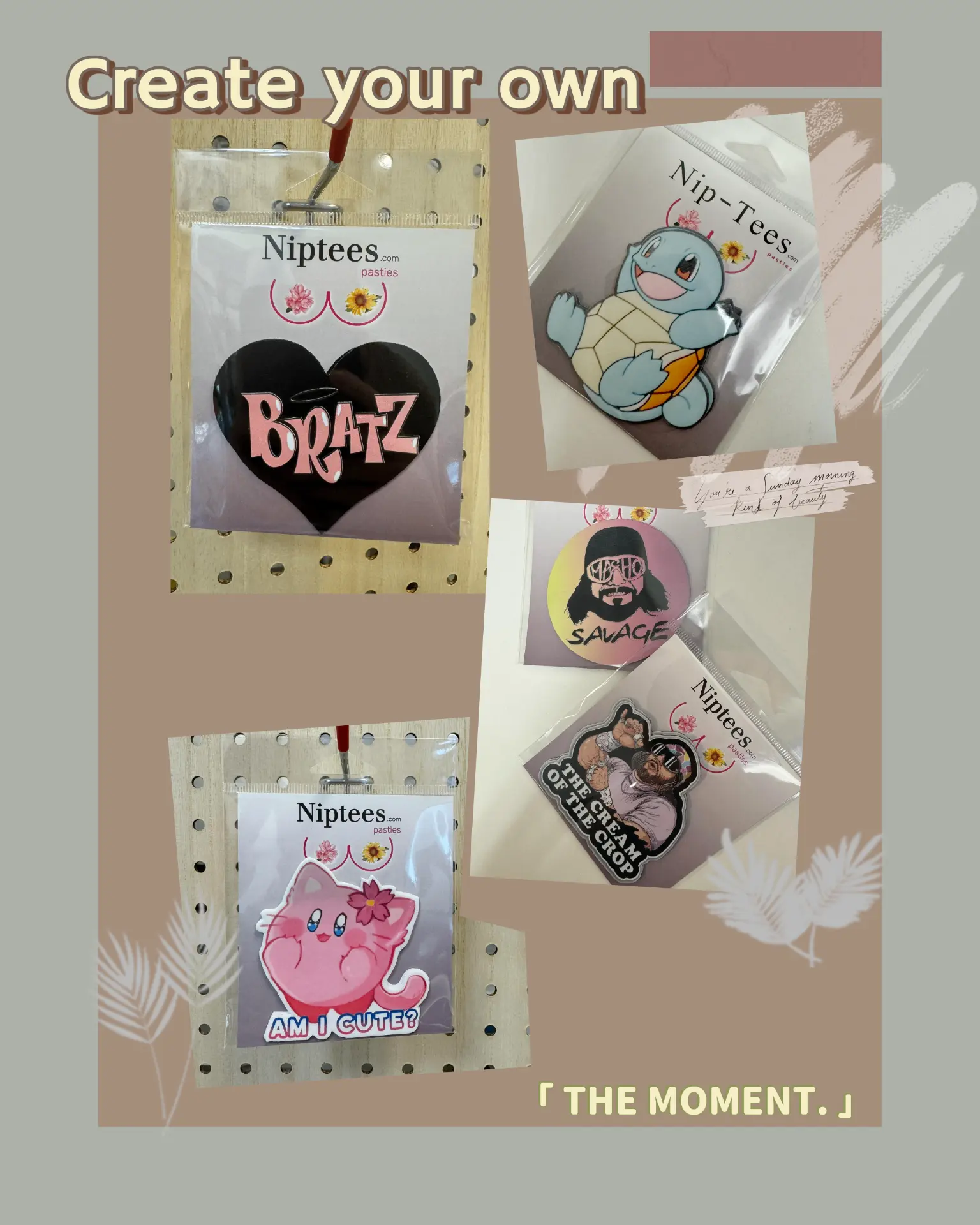 Collage of custom Niptees pasties including Bratz heart, Squirtle, and character designs